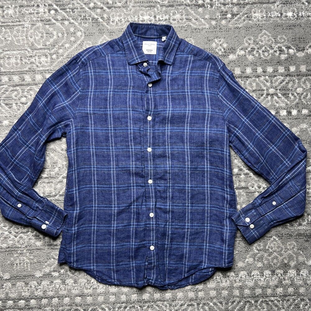 Baird McNutt Linen Shirt Men Small Murano Slim Fit Windowpane Plaid Button Up